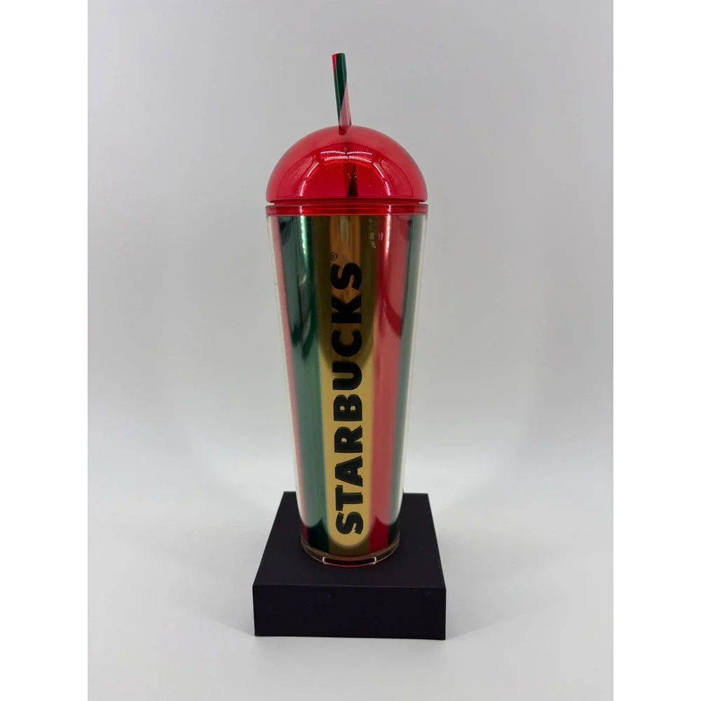 Starbucks 24oz Red Green Gold Striped Limited Edition Holiday Dome Lid Cold Cup